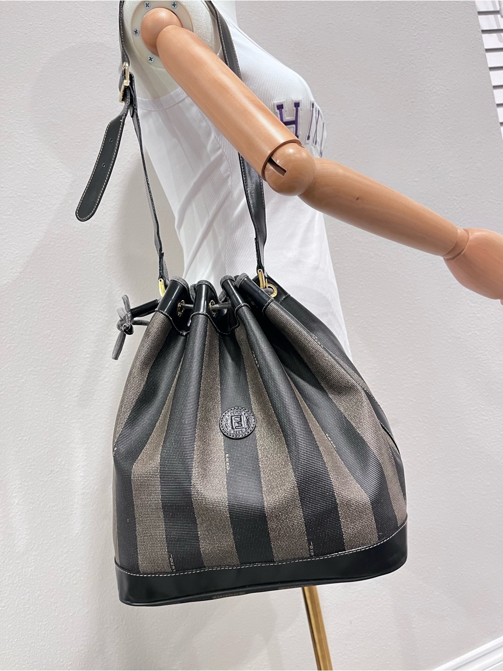 FENDI PEQUIN STRIPPED CANVAS SHOULDER BAG.